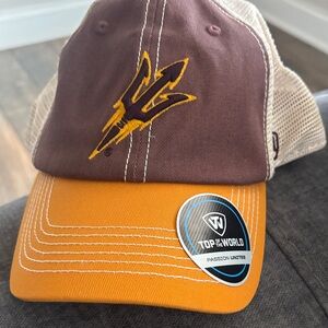 Top of the World Two-Tone Brown and Gold Trucker Hat with Embroidered Pitchfork